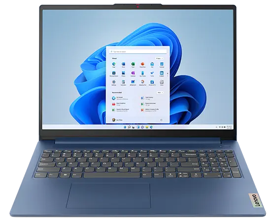 Bild snett framifrån och från höger av den bärbara datorn IdeaPad Slim 3 Gen 8 i färgen Abyss Blue