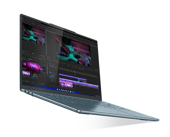 Yoga Slim 7 Gen 8 laptop facing right with video editing software on display 