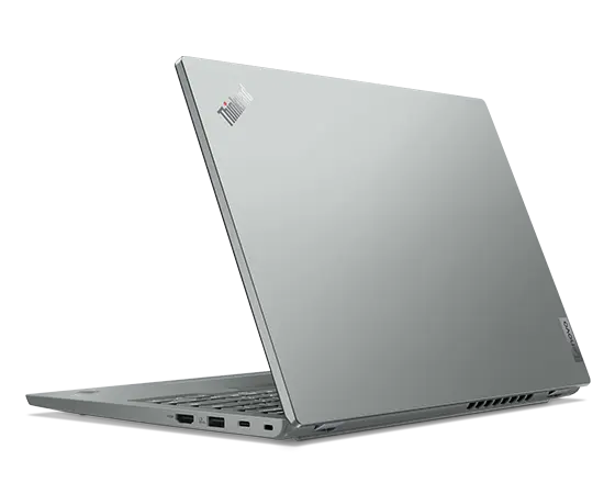 Rear-facing Lenovo ThinkPad L13 Gen 4 laptop open less than 90 degrees, in Storm Grey.