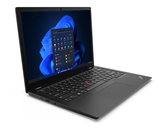 Overhead shot of the Lenovo ThinkPad L13 Gen 4 laptop open 90 degrees, angled to show left-side ports, keyboard, & display with Windows 11 Pro Start menu.