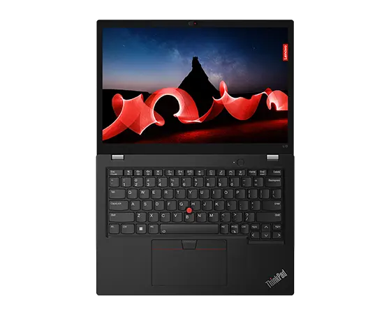Overhead shot of the Lenovo ThinkPad L13 Gen 4  laptop open 180 degrees, showing both the keyboard & display, in Thunder Black.