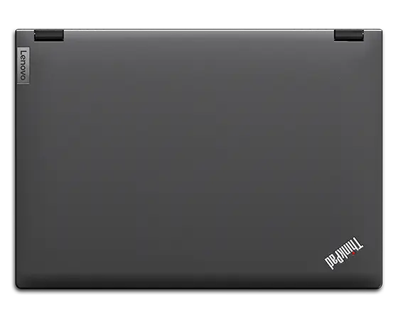 Bovenaanzicht van een Lenovo ThinkPad P16v (16″ AMD) mobile workstation, gesloten, met de bovenkant, de scharnieren en het Lenovo- en ThinkPad-logo zichtbaar