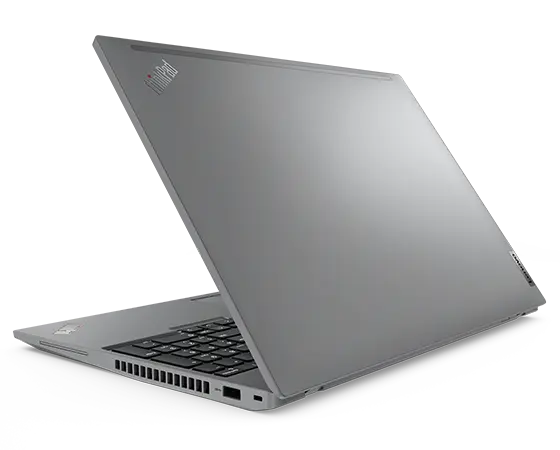 Lenovo ThinkPad T16 Gen 2 Notebook in Storm Grey, Rückansicht, um 90 Grad geöffnet, leicht gekippt mit Blick auf die Anschlüsse auf der rechten Seite.