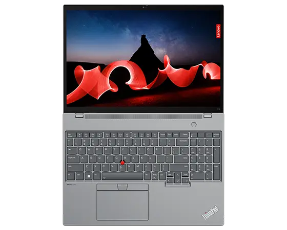 Lenovo ThinkPad T16 Gen 2 Notebook in Storm Grey, Ansicht von oben, um 180 Grad geöffnet, mit Blick auf Display und Tastatur.
