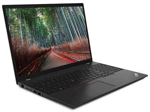 Lenovo ThinkPad T16 Gen 2 Notebook, um 90 Grad geöffnet, schräg mit Blick auf die Anschlüsse auf der linken Seite, die Tastatur und das Display mit einem Bambuswald.