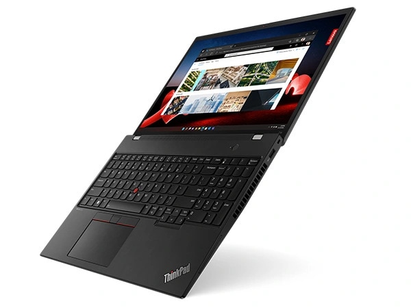 Floating right-side view of Lenovo ThinkPad T16 Gen 2 laptop open 180 degrees, showcasing display, keyboard, & ports.