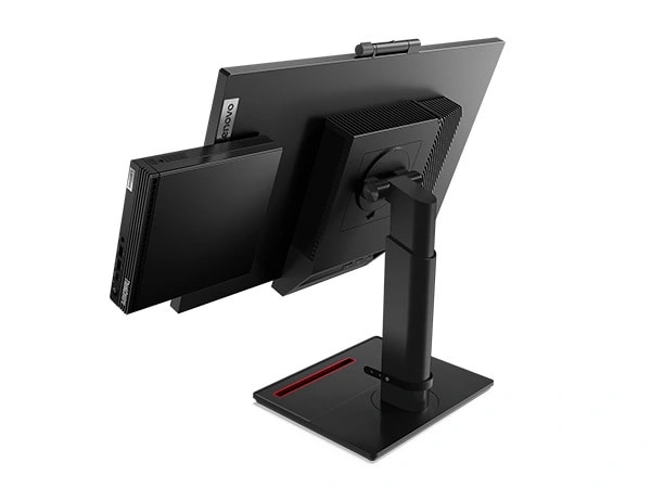 Rear-facing ThinkCentre Tiny-in-One monitor with Lenovo ThinkCentre M70q Gen 4 Tiny (Intel) PC plugged into the back.