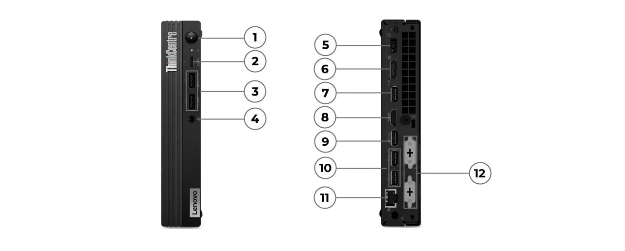 Front- & rear-facing Lenovo ThinkCentre M70q Gen 4 Tiny (Intel) PC, showing front- & rear-ports