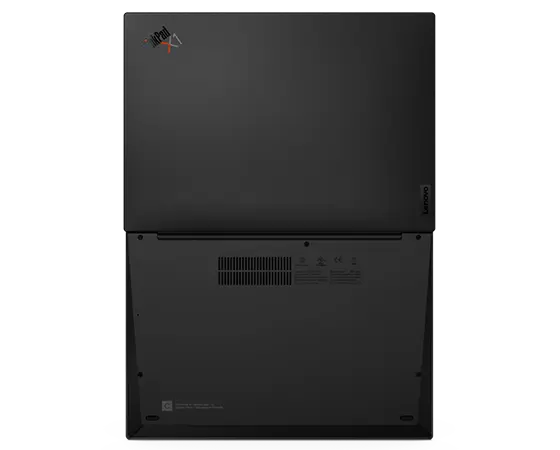 Ansicht der Unterseite des Lenovo ThinkPad X1 Carbon Gen 10 Notebooks von oben, um 180 Grad geöffnet.