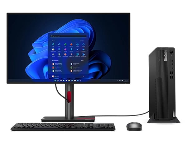 Lenovo ThinkCentre M70s Gen 4 (Intel) SFF-Desktop-PC – Ansicht von vorne mit Monitor, kabelloser Tastatur und kabelloser Maus (Zubehör nicht im Lieferumfang enthalten)
