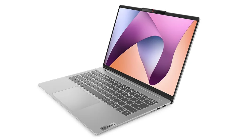 Left-facing front view of 14 Lenovo IdeaPad Slim 5 AMD open to 100 degrees showing keyboard and display.