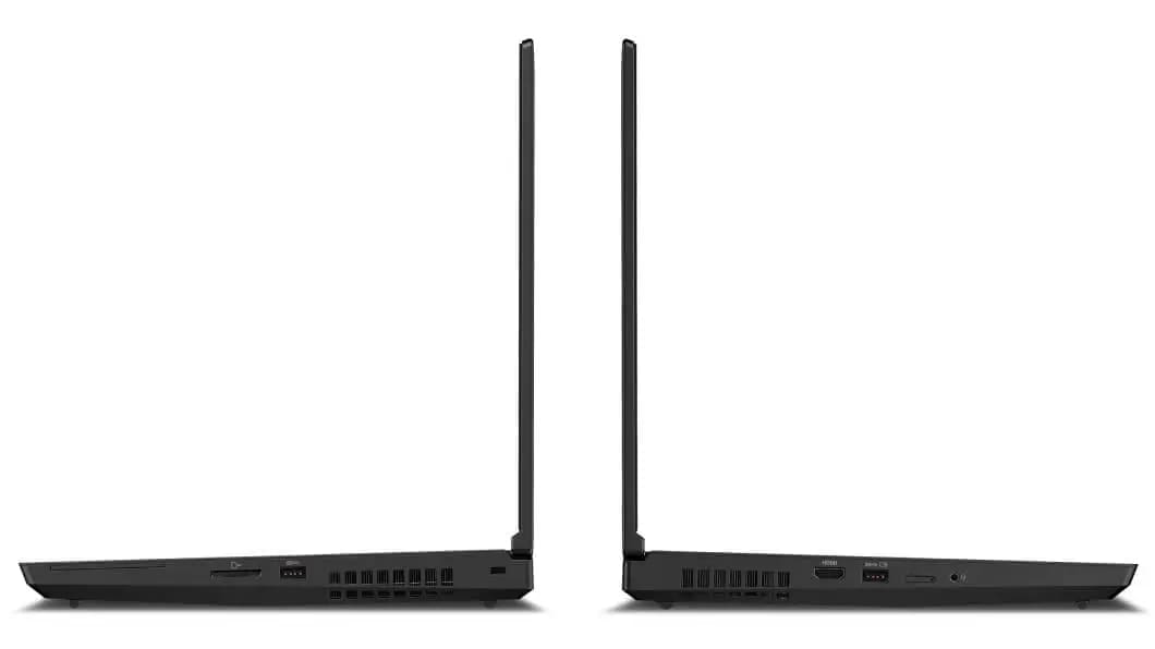 Vue de deux portables Lenovo ThinkPad P15 ouverts à 90 degrés, placés dos à dos, montrant les ports à gauche et à droite