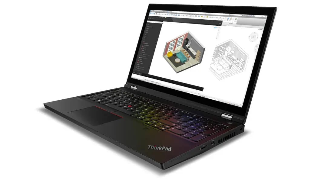 Portable Lenovo ThinkPad P15, ouvert à 90 degrés, incliné pour montrer les ports du côté gauche