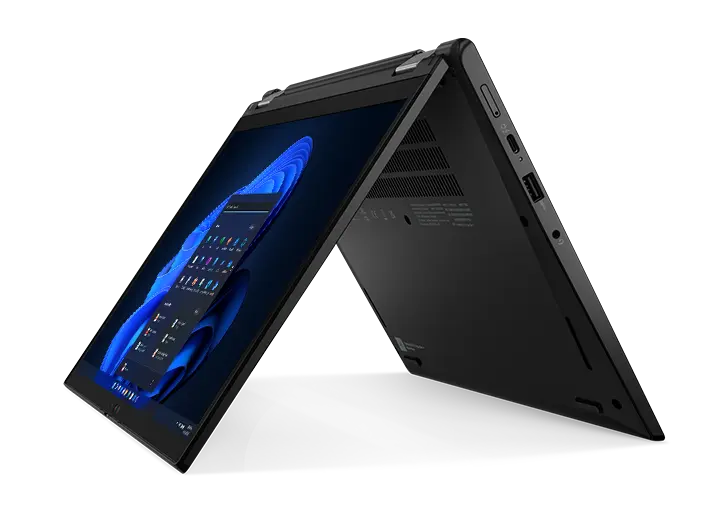 Right profile view of the Lenovo ThinkPad L13 Yoga Gen 4 2-in-1 laptop in tent mode with Windows 11 Pro Start menu on display. 