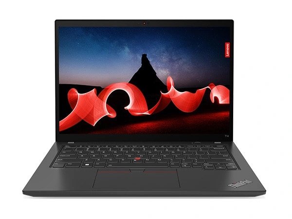 Front facing Lenovo ThinkPad T14 Gen 4 laptop in Thunder Black, open 90 degrees.