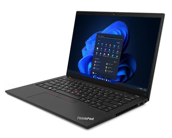 Overhead shot of Lenovo ThinkPad T14 Gen 4 (14ʺ AMD) laptop open 90 degrees, angled to show right-side ports, keyboard & display.
