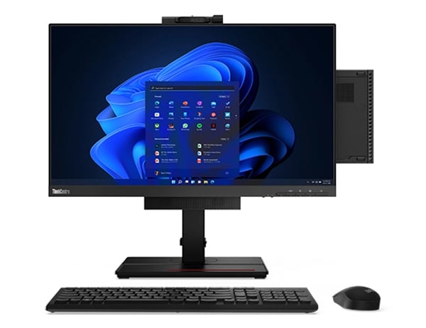Forward-facing Lenovo ThinkCentre M80q Gen 4 Tiny (Intel) PC plugged into a ThinkCentre Tiny-in-One monitor, plus keyboard & mouse