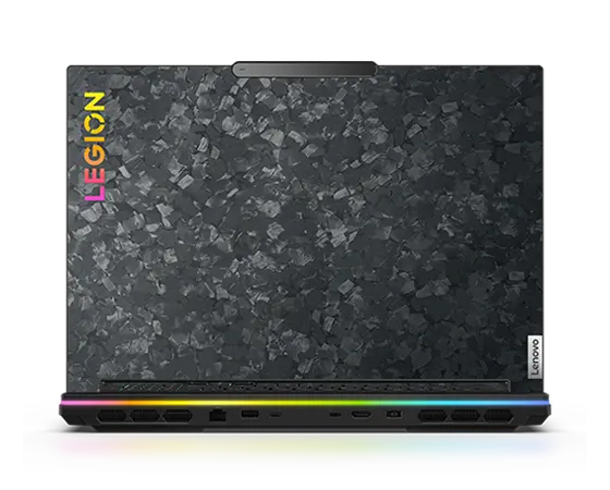 Legion 9i (16″ Intel) rear facing, opened with view of Forged Carbon top cover and RGB lighting turned on