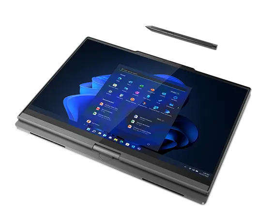 Lenovo ThinkBook Plus Gen 4 (13, Intel) 2-in-1 laptop—lying flat in OLED tablet mode next to a pen, with Windows menu on the display 