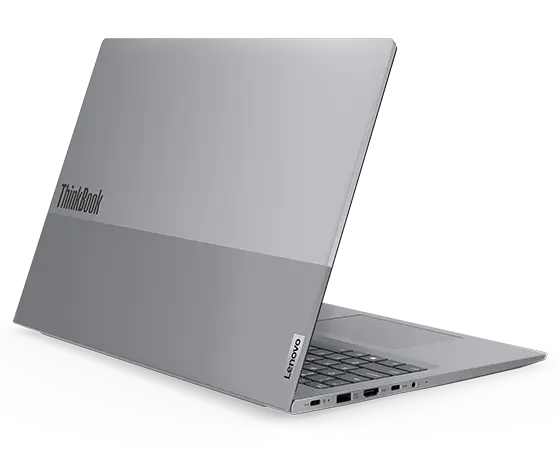 Vue arrière du portable Lenovo ThinkBook 16 Gen 6, montrant le capot supérieur bicolore et les ports du côté gauche.