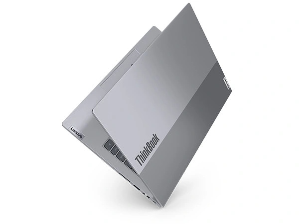 Close up of ThinkBook ID on the top cover of the Lenovo ThinkBook 14 Gen 6 laptop nearly closed & facing upwards.