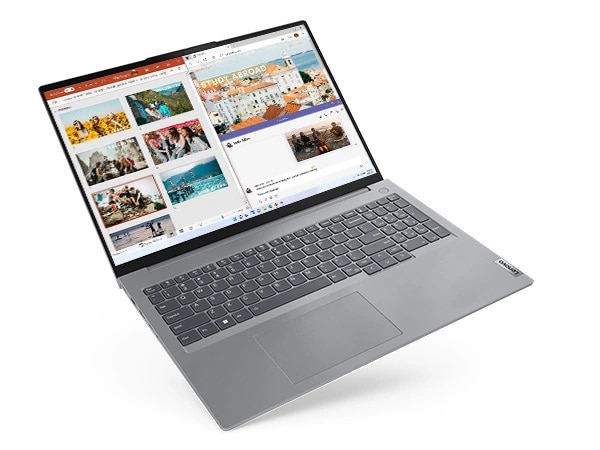 Ansicht des schwebenden Lenovo ThinkBook 16 Gen 6 Notebooks von oben, mit mehreren geöffneten Apps auf dem Display und Blick auf die Tastatur.
