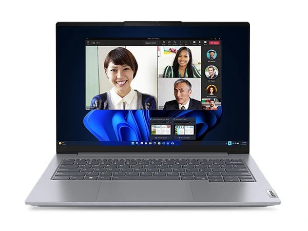 ThinkBook 14 Gen 6 (14″ Intel) laptop—front view, lid open, with teleconference on the display