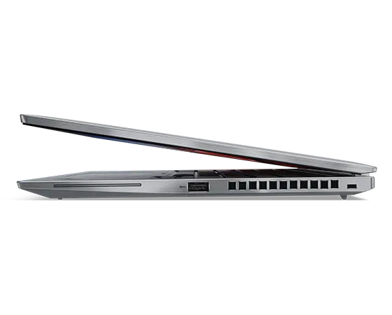 Lenovo ThinkPad T14s Gen 4 Notebook in Arctic Grey, Profilansicht von rechts, nur wenig geöffnet.
