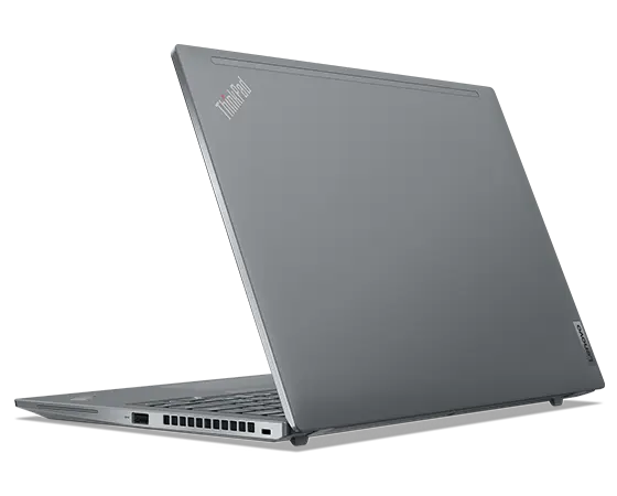 Lenovo ThinkPad T14s Gen 4 Notebook in Arctic Grey, Ansicht von hinten mit Blick auf den Gehäusedeckel und die Anschlüsse auf der rechten Seite in einem Winkel.