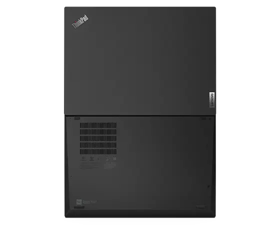 Overhead shot of the Lenovo ThinkPad T14s Gen 4 laptop open 180 degrees, showing top & bottom covers. 