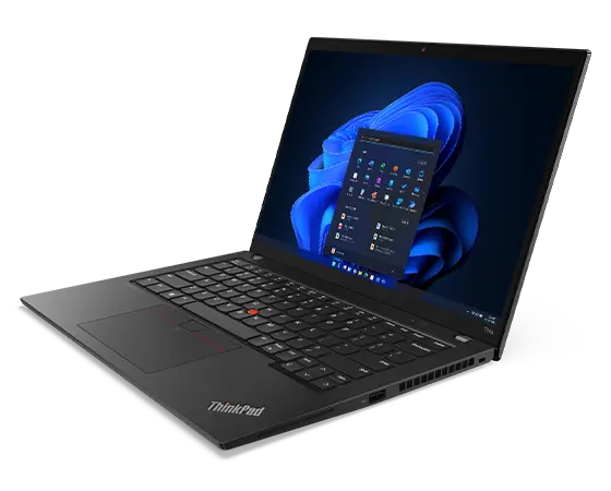 Lenovo ThinkPad T14s Gen 4 (14" AMD) Notebook, Ansicht von oben, um 90 Grad geöffnet, Schrägansicht mit Blick auf die Anschlüsse auf der rechten Seite, mit dem Startmenü von Windows 11 Pro auf dem Display.