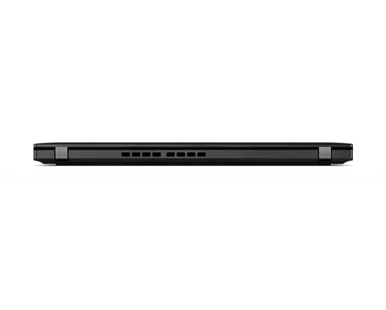 Lenovo ThinkPad X13 Gen 4 Notebook in der Farbe Deep Black, zugeklappt, Ansicht von hinten mit Blick auf die Scharniere und Lüftungsschlitze.