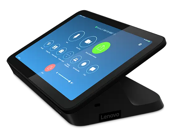 Side on view of Lenovo IP Controller, a 10-point multitouch HD display to control ThinkSmart One for Zoom Rooms, showing Zoom Rooms interface