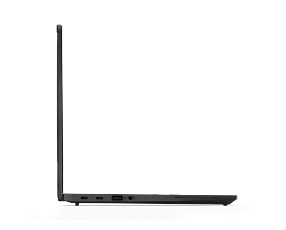 Lenovo ThinkPad X13 Gen 4 Notebook, um 90° aufgeklappt, Profilansicht von links mit Blick auf die Anschlüsse und Steckplätze.