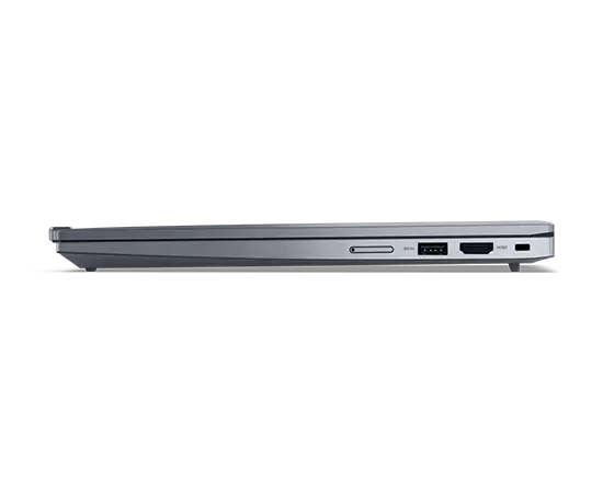 Lenovo ThinkPad X13 Gen 4 Notebook in der Farbe Arctic Grey, zugeklappt, Seitenprofil von rechts mit Blick auf Anschlüsse und Steckplätze.