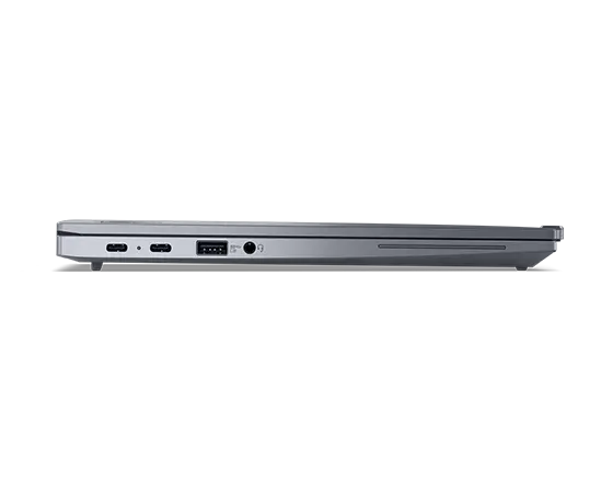 Lenovo ThinkPad X13 Gen 4 Notebook in der Farbe Arctic Grey, zugeklappt, Seitenprofil von links mit Blick auf Anschlüsse und Steckplätze.
