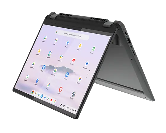 Storm Grey IdeaPad Flex 5i Chromebook Plus in tent mode with display on