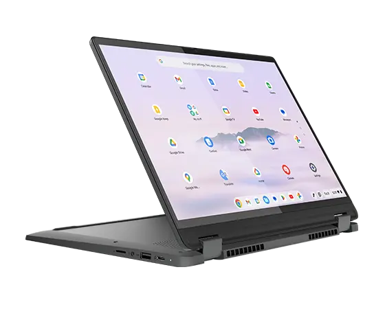 Storm Grey IdeaPad Flex 5i Chromebook Plus in presentation mode with display on