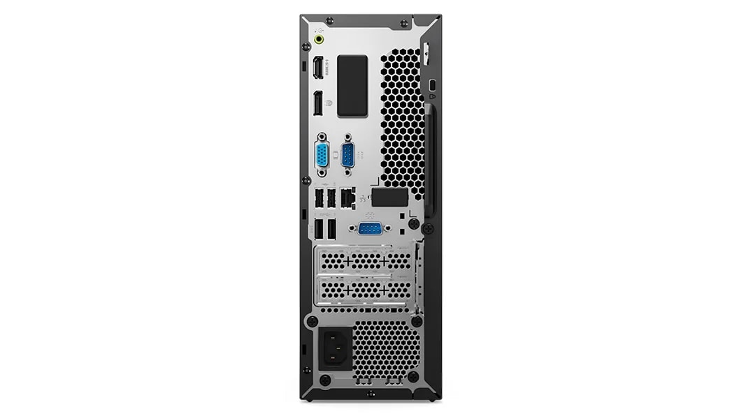 Eye-level view of the rear of the ThinkCentre Neo 50s Gen 4 SFF business PC, showing the many ports and slots.