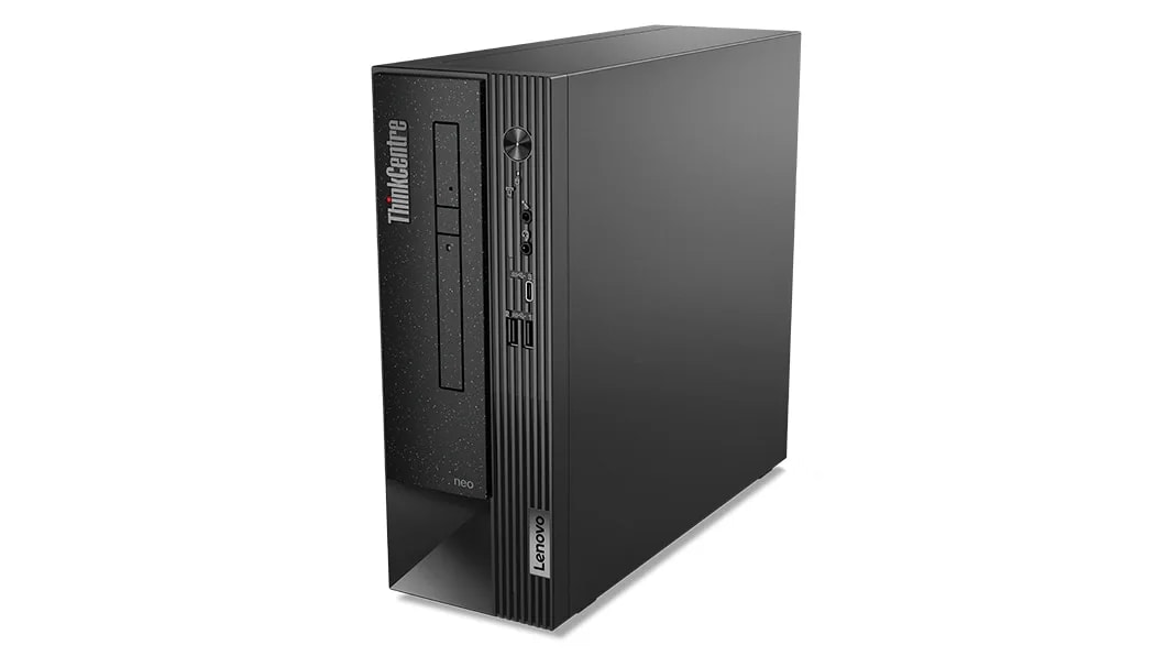 Eye-level view of the front and right sides of the ThinkCentre Neo 50s Gen 4 SFF business PC.