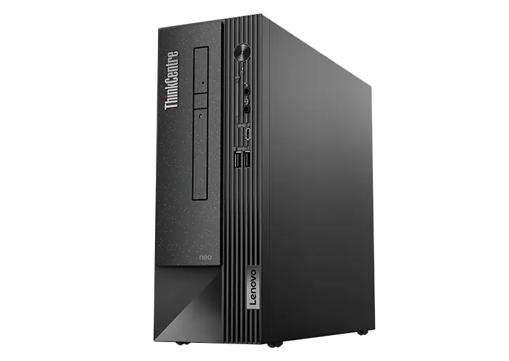 The front-facing ThinkCentre Neo 50s Gen 4 SFF business PC viewed at a low angle from the front-right corner. 