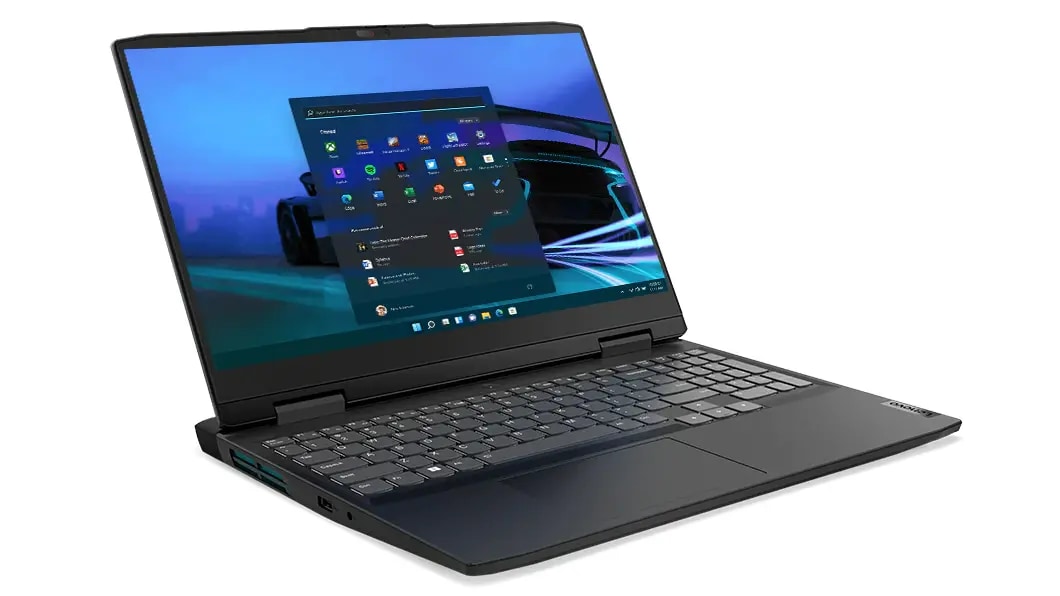 Imagen de semiperfil izquierdo de la laptop IdeaPad Gaming 3i 7ma Gen (15.6”, Intel) abierta a poco más de 90° en color Onyx grey (gris Onyx)