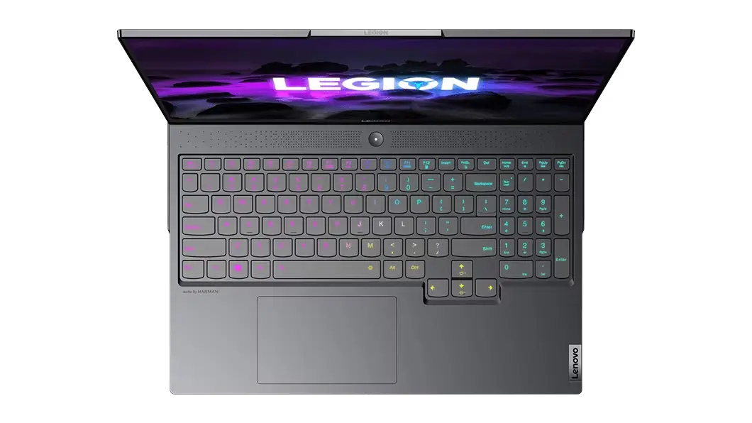 Vista superior del teclado de la laptop gaming Lenovo Legion 7 6ta Gen (16”, AMD)