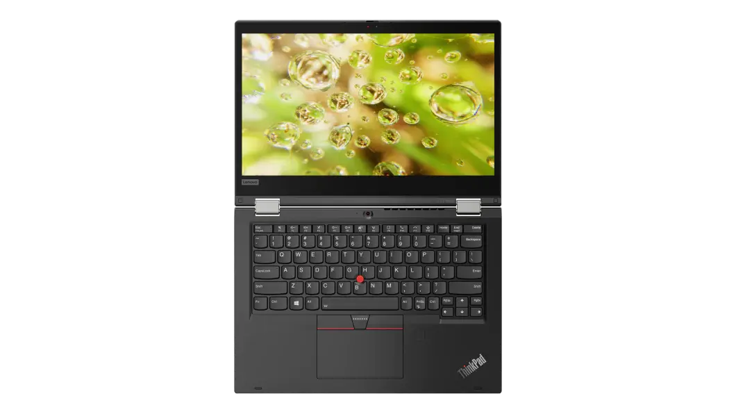 Vista frontal de la laptop Lenovo 2 en 1 ThinkPad L13 Yoga 2da Gen abierta a 180°
