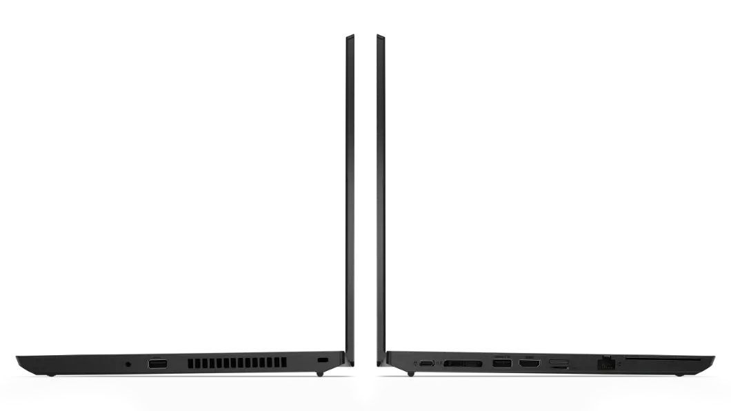 Dos portátiles Lenovo ThinkPad L14 de 2da generación (Intel), mirando en direcciones opuesta, abiertas 90°, mostrando los perfiles del lado derecho e izquierdo