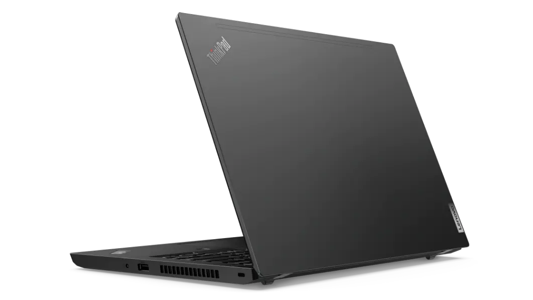 Vista de la parte posterior de la notebook Lenovo ThinkPad L14 de 2da generación (Intel) abierta unos 80°, ligeramente inclinada para mostrar algunos de sus puertos