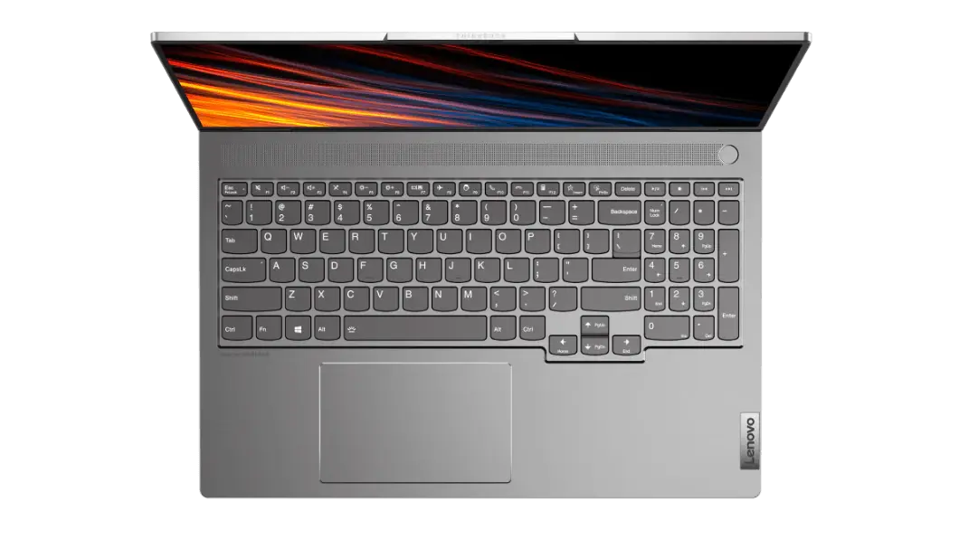 Vista desde arriba de la laptop Lenovo ThinkBook 16p 2da Gen (16”, AMD) abierta a poco más de 90°