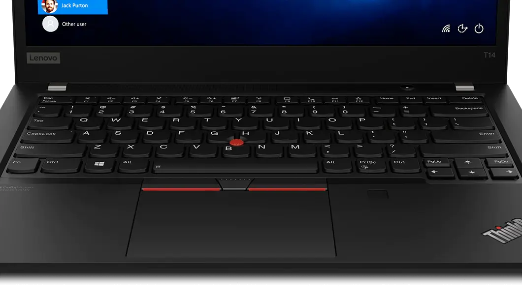 Vista superior de la laptop Lenovo ThinkPad T14 de 2da generación (14”, AMD) abierta en un ángulo de 180°, mostrando el teclado y la pantalla