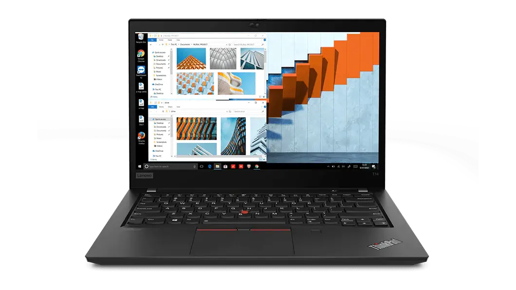Notebook Lenovo ThinkPad T14 de 2da generación (14'', AMD) abierta en un ángulo de 90°, girada para mostrar los puertos del lateral izquierdo