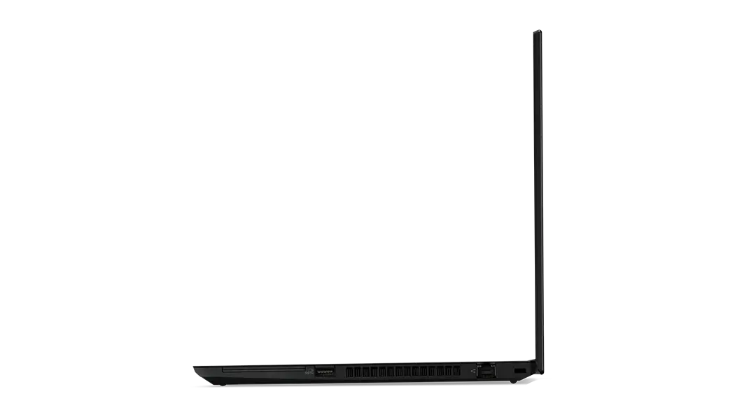 Perfil del lateral izquierdo de la laptop Lenovo ThinkPad T14 de 2da generación (14”, AMD) abierta en un ángulo de 180°